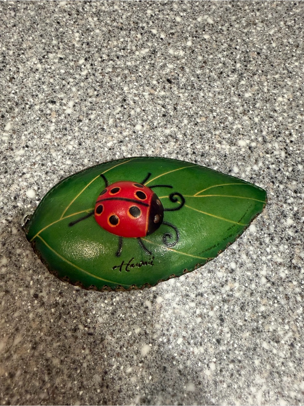 Leather Handmade Ladybug on Green Leaf Coin Purse